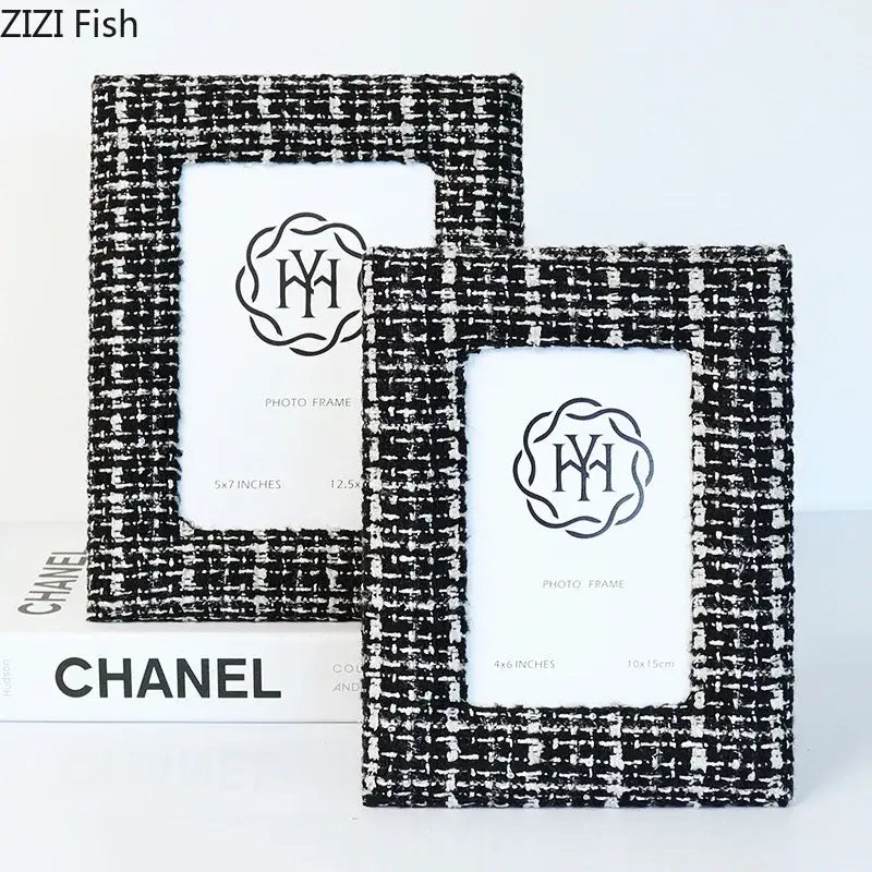 DecorBites™ 6x7 inch fabric framed photo frame in black and white tweed texture with monogrammed inner mat for TV cabinet decor