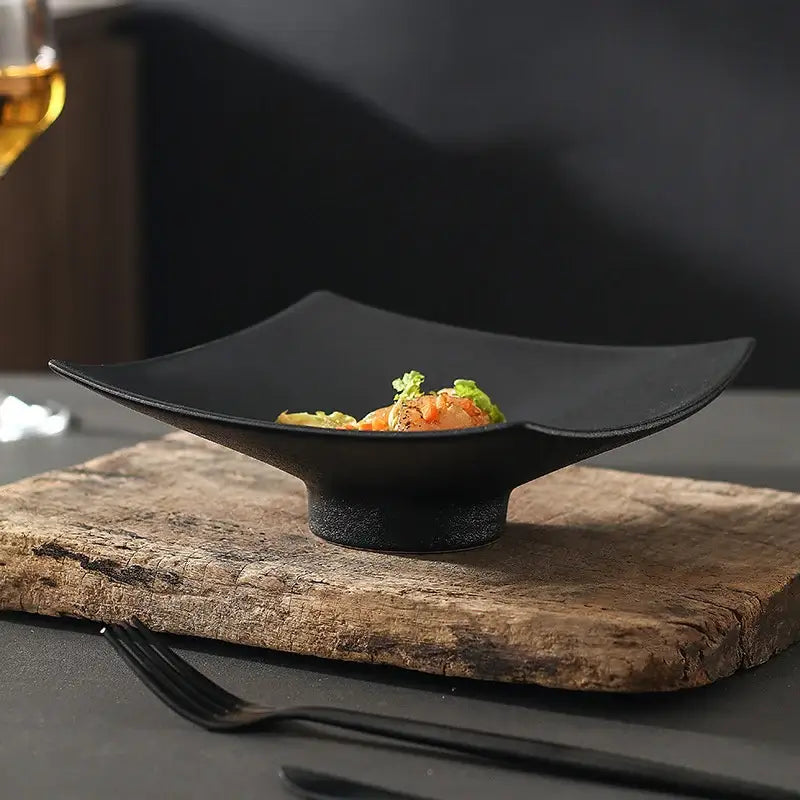 Black matte ceramic dining plate DecorBites™ 7.5 inch square bowl with modern curved rectangular shape and textured base