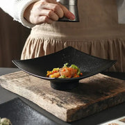 Black matte ceramic dining plate decorbites 7.5 inch square bowl with rounded corners and pedestal base