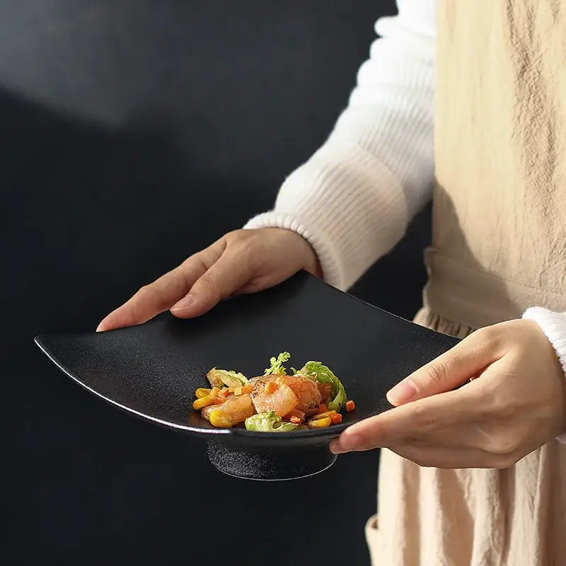 DecorBites™ 7.5 inch square black matte ceramic dining plate with modern curved shape and subtle textured finish