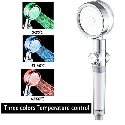 Chrome-finished DecorBites handheld shower head with clear water filter tube and 7-color LED temperature indicator lights