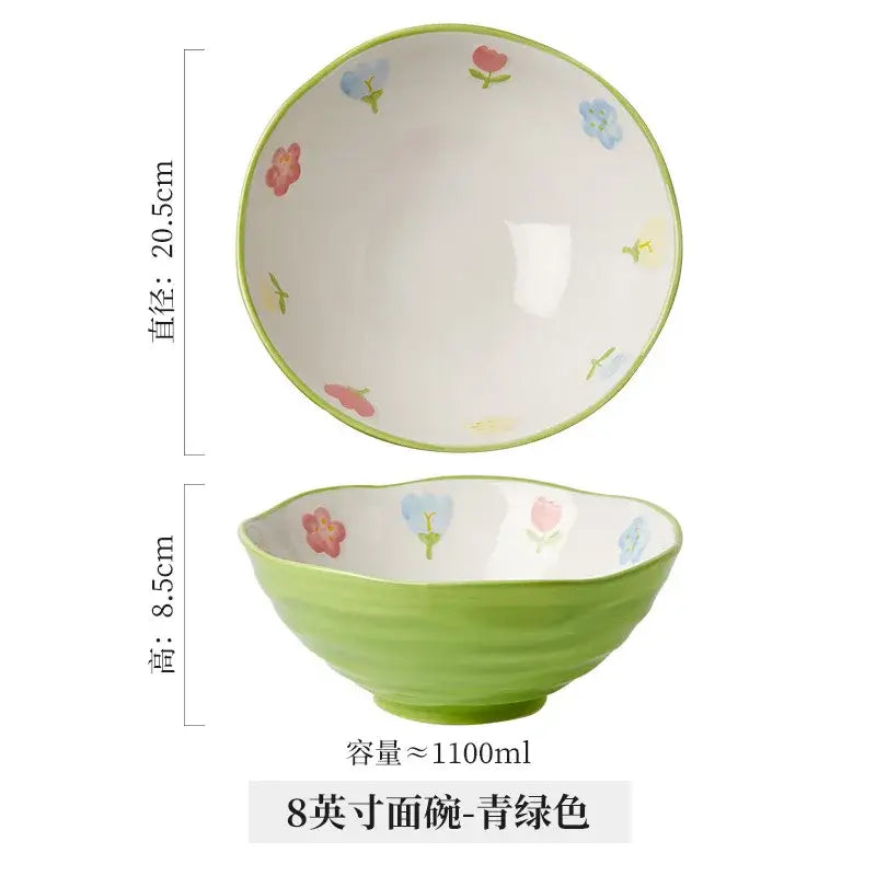 Decorbites™ 7 inch hand-painted ceramic ramen bowl in vibrant green with pastel flowers and subtle vertical ridges