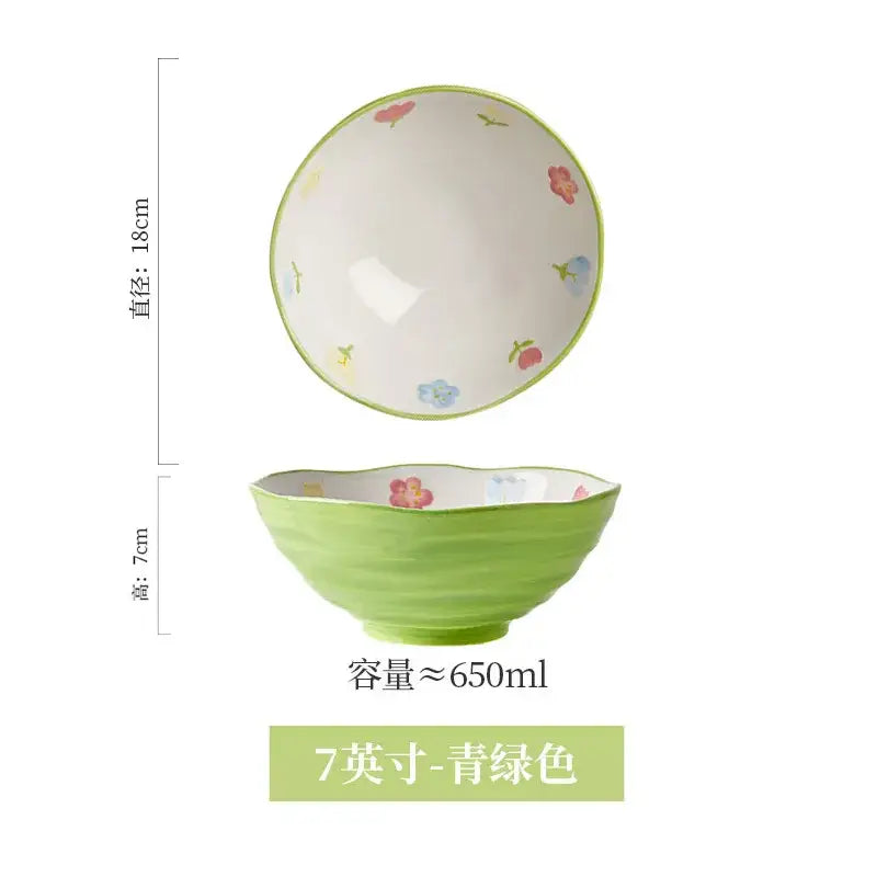 Decorbites 7 inch hand-painted ceramic ramen bowl in light green with scalloped rim and pink blue floral patterns