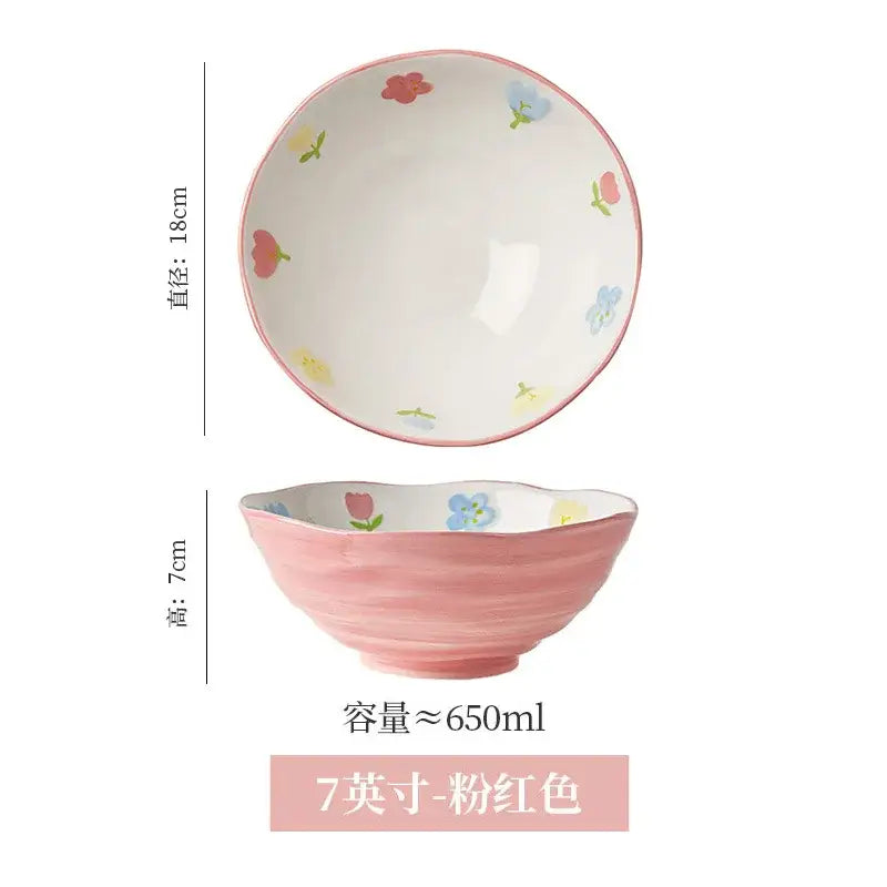 DecorBites™ 7 inch hand-painted pink ceramic ramen bowl with scalloped rim and pastel flower decals for home and restaurant use