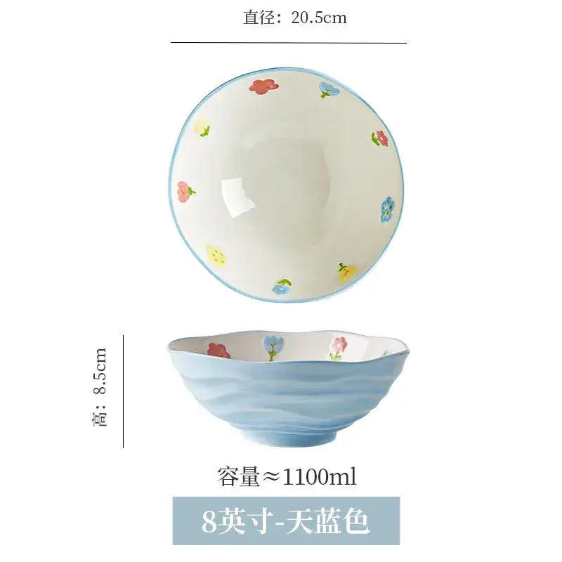 Decorbites™ ceramic ramen bowl with soft sky blue wavy exterior and colorful floral interior for home and restaurant use