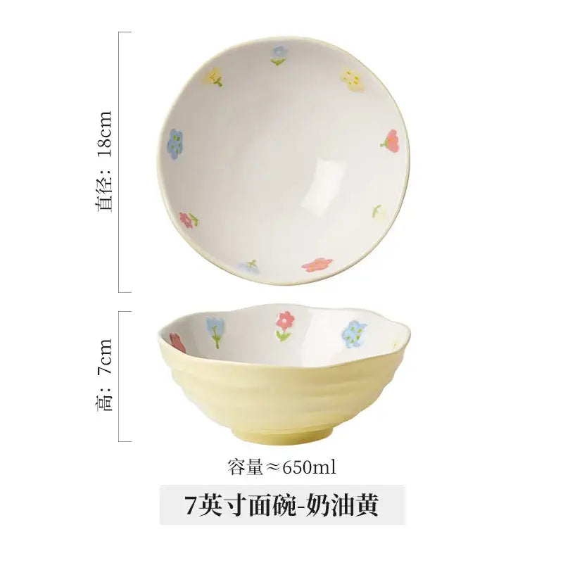 Decorbites™ 7 inch hand-painted ceramic ramen bowl in creamy yellow with scalloped rim and pastel floral decals inside