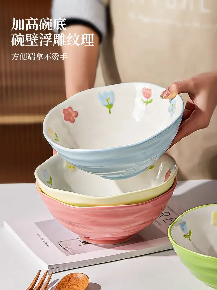 Stacked decorbites™ 7 inch hand-painted ceramic ramen bowls with raised textured walls and pastel floral decals for home and restaurant use