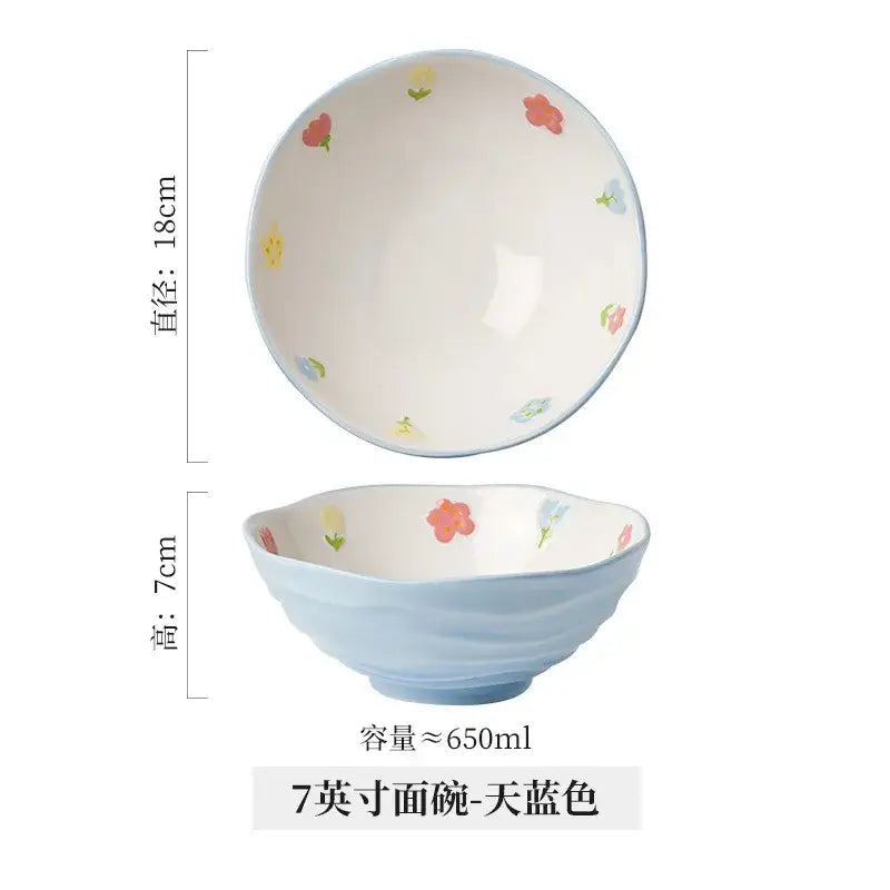 DecorBites™ ceramic ramen bowl in sky-blue with hand-painted floral interior for home and restaurant use