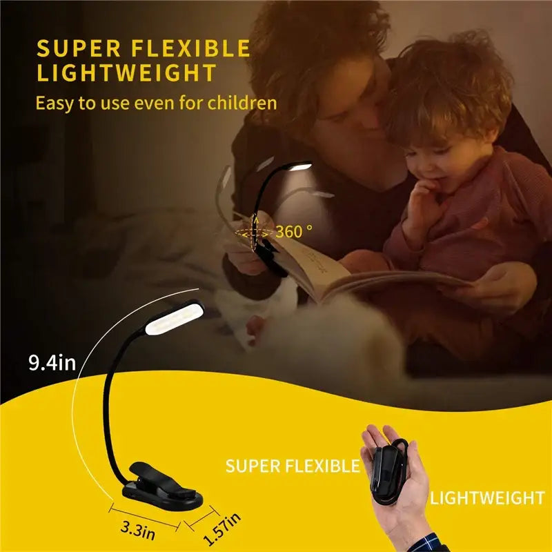 Decorbites™ sleek black flexible led book light with clip-on base and adjustable 3-level white light for reading