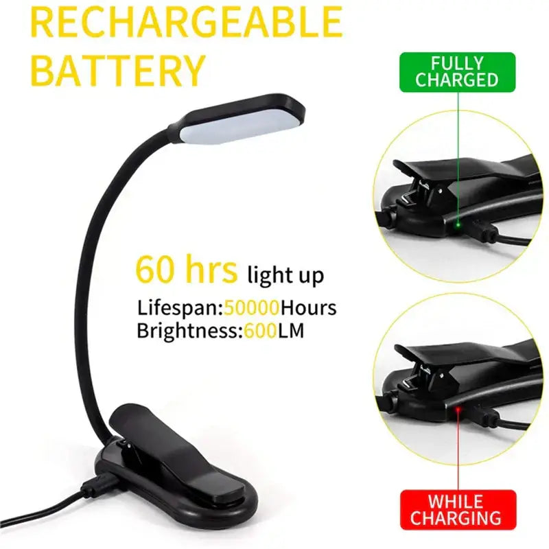 Black clip-on led book light with flexible gooseneck and rechargeable battery for reading by DecorBites™