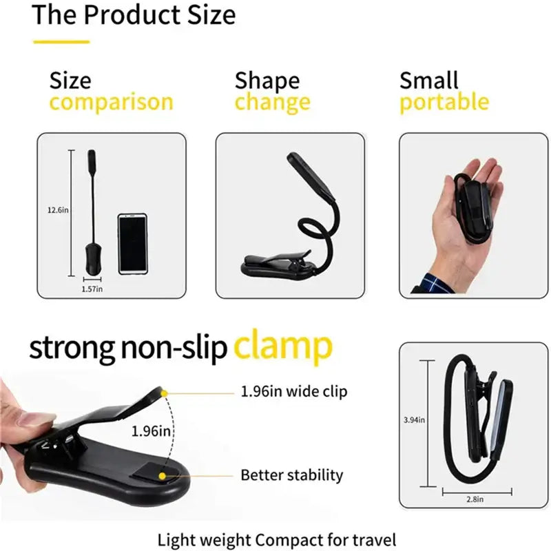 Decorbites™ black plastic clip-on led book light with flexible gooseneck and 3-level white light rechargeable design
