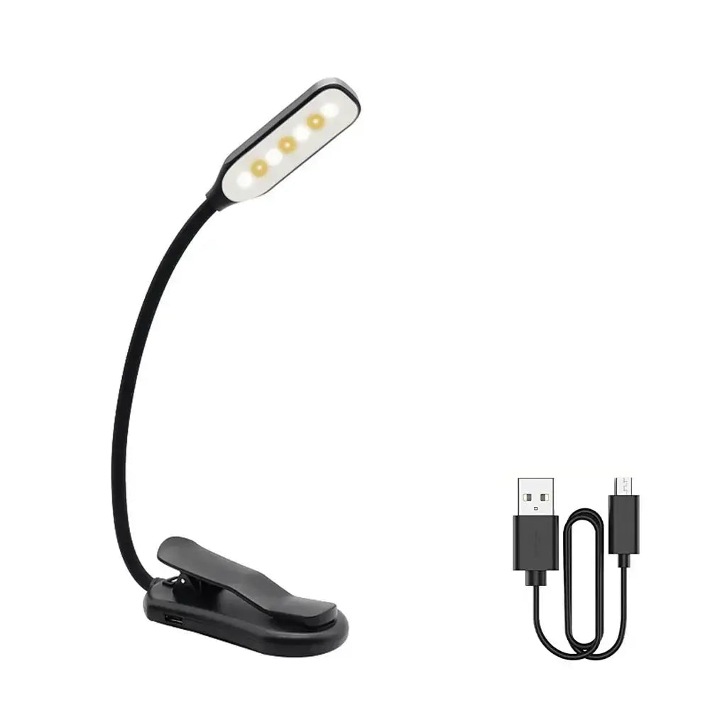 Black clip-on led book light with flexible gooseneck and four warm-white leds for rechargeable reading use