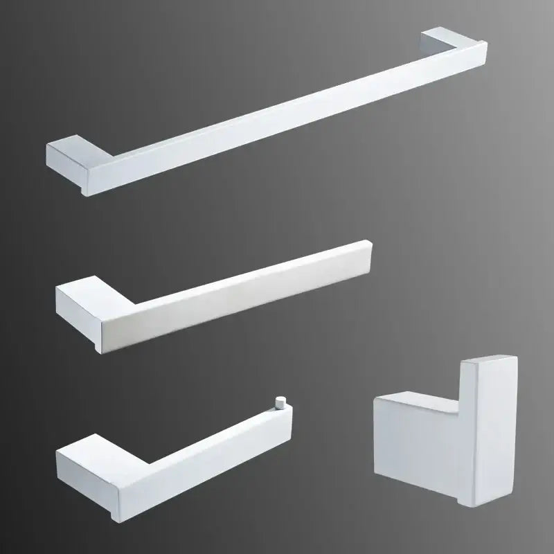 DecorBites™ 7-piece bathroom hardware set in white with chrome finish featuring sleek rectangular bars and wall hook