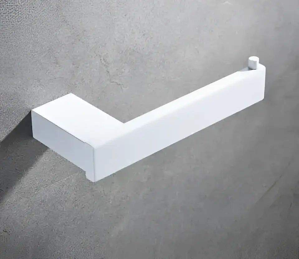 White rectangular wall-mounted toilet paper holder with modern design in decorbites™ bathroom hardware set