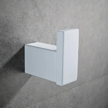 White rectangular wall hook with minimalist design from DecorBites bathroom hardware set for towels and toiletries