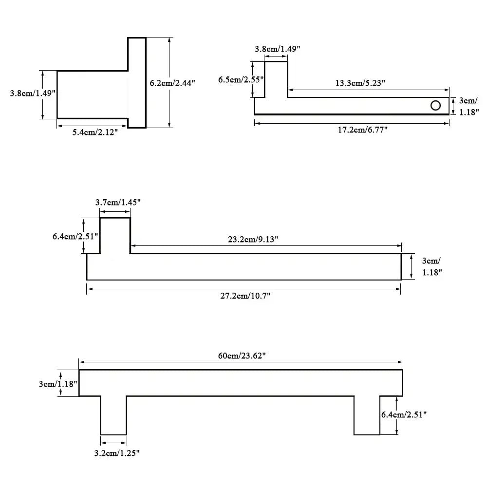 Technical drawing of a white t-shaped metal bracket with dimensions for decorbites™ 7-piece bathroom hardware set