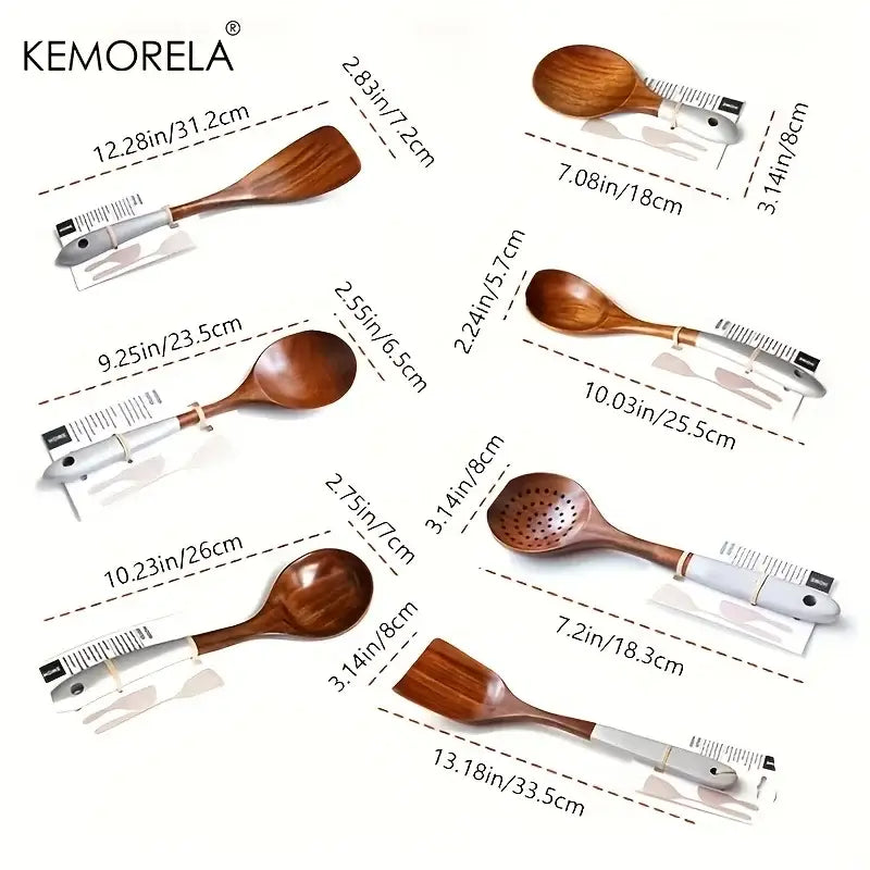 Set of six eco-friendly wooden cooking utensil set with silver handles including spoons for thai wooden cooking