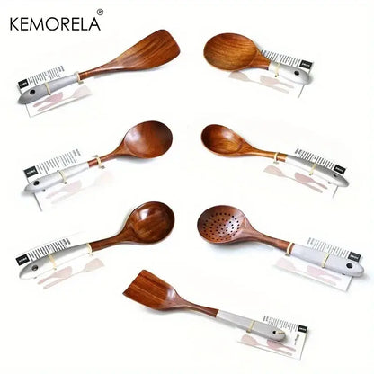 Set of six DecorBites™ Thai wooden cooking utensils with sleek silver handles in an eco-friendly cooking utensil set