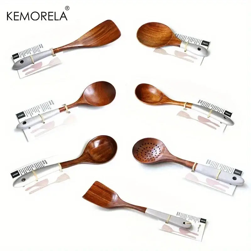 Set of six DecorBites™ Thai wooden cooking utensils with sleek silver handles in an eco-friendly cooking utensil set