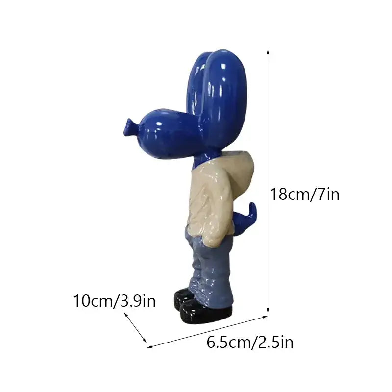 Decorbites™ 7 inch blue resin balloon dog statue wearing beige hoodie and blue pants home decor accessory