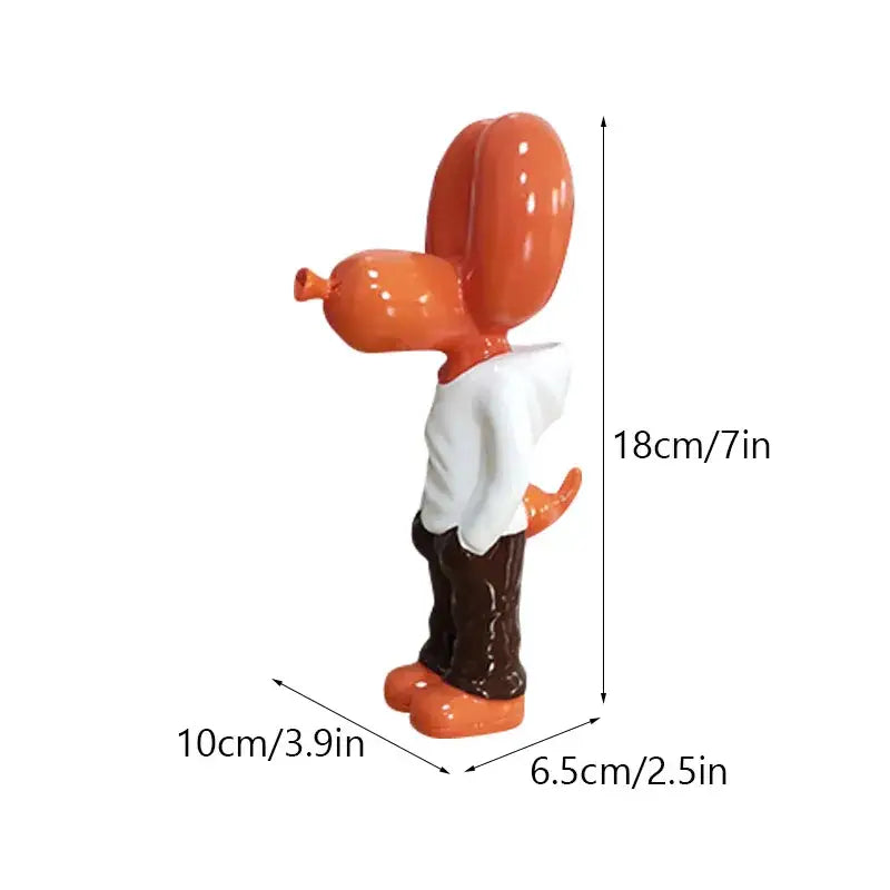 Decorbites™ 7 inch orange resin balloon dog statue wearing white hoodie and brown pants home decor accessory