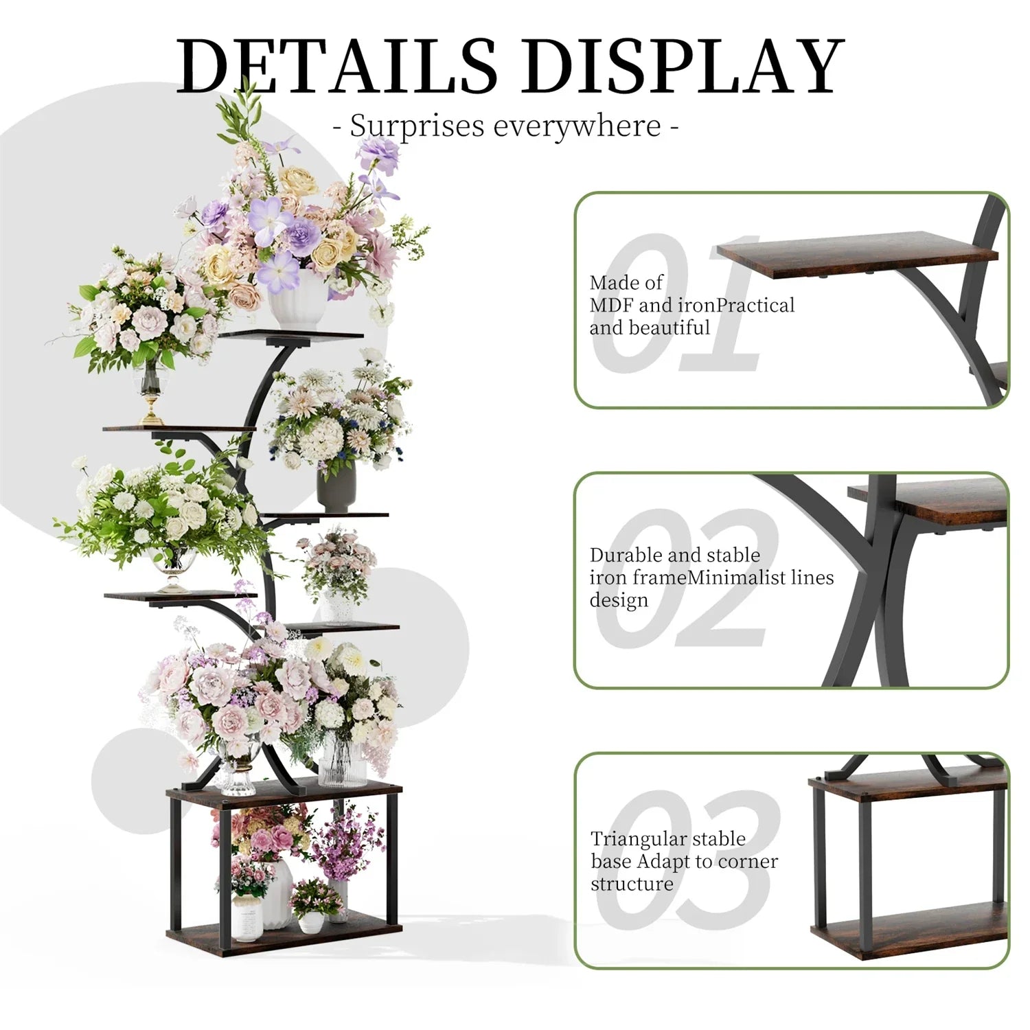 Decorbites 7 tier tree plant stand display rack in black iron and dark wood with minimalist lines for plant stand display
