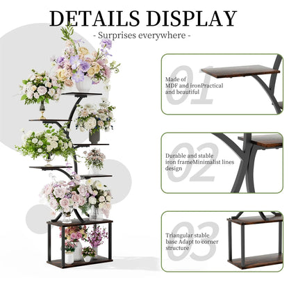 Decorbites 7 tier tree plant stand display rack in black iron and dark wood with minimalist lines for plant stand display