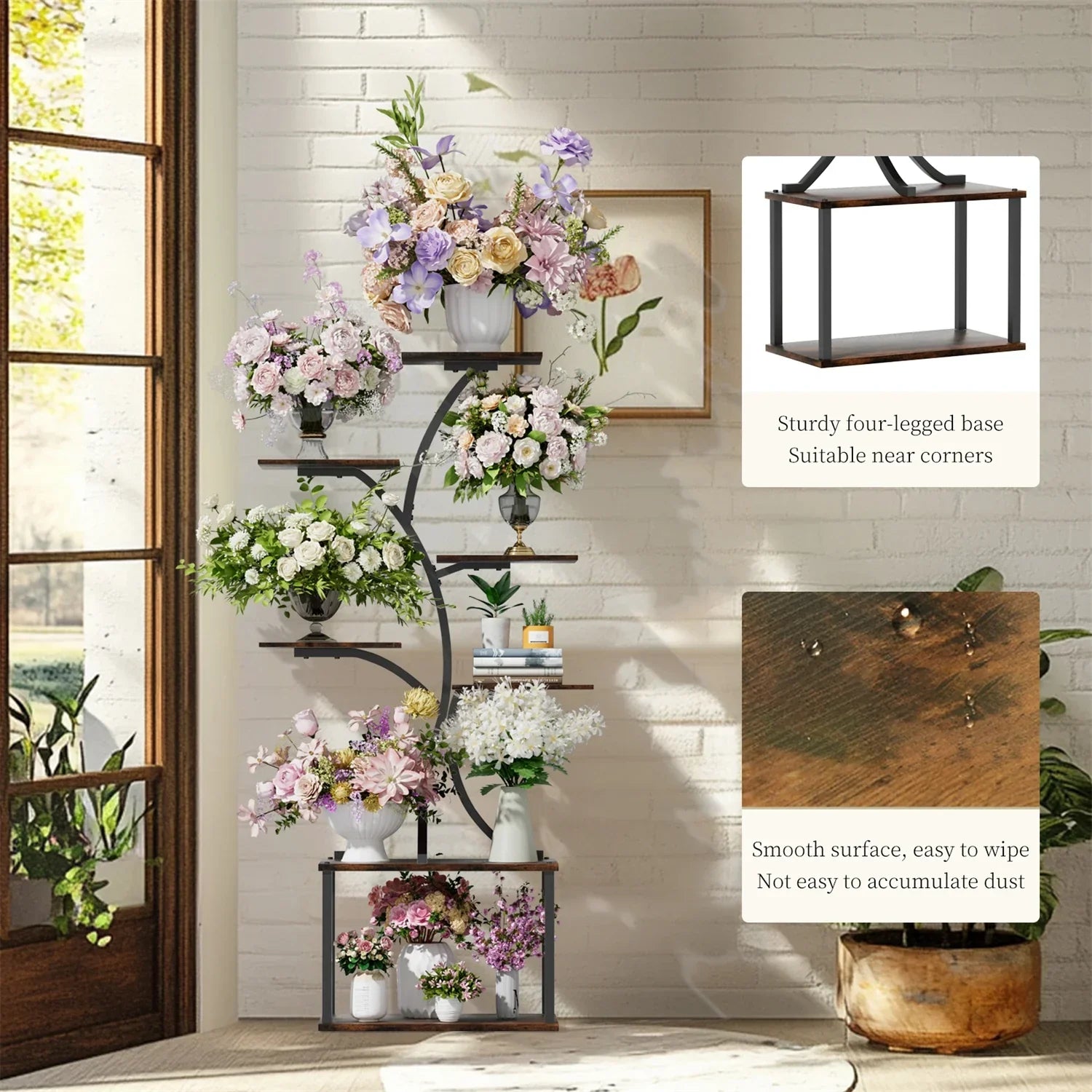 DecorBites™ 7 tier black metal plant stand display rack with wooden shelves and a sturdy four-legged base for plants