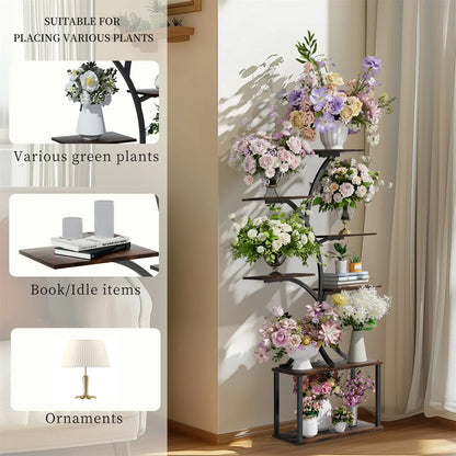 Dark metal decorbites™ 7 tier tree plant stand display rack with curved shelves holding floral arrangements in white vases
