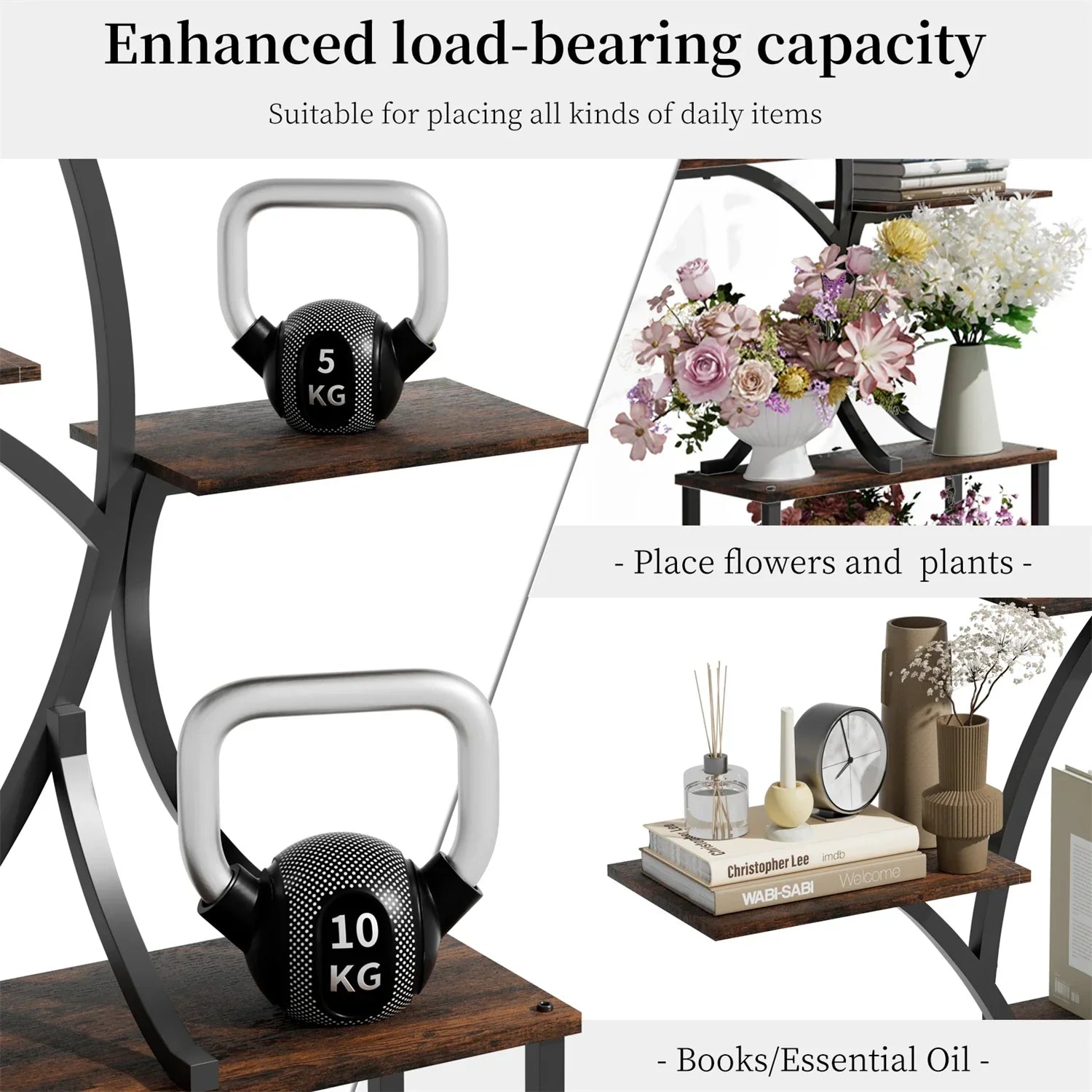 DecorBites™ 7 tier tree plant stand display rack with black and silver kettlebells featuring a textured dotted finish