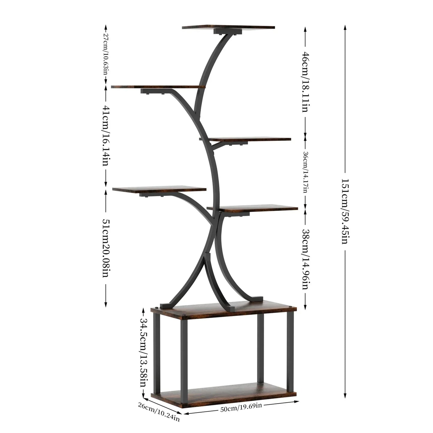 Dark brown wooden shelves with black metal frame plant stand display rack by decorbites 7 tier design