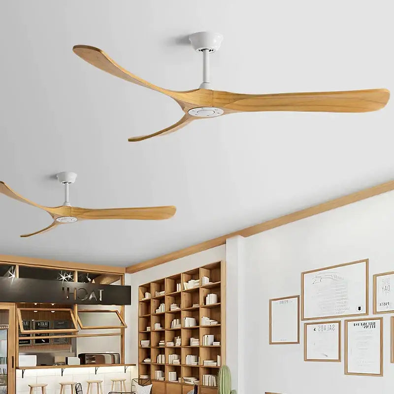 Modern ceiling fan with three light wood blades and white hub in DecorBites™ black American modern wooden style for indoor use