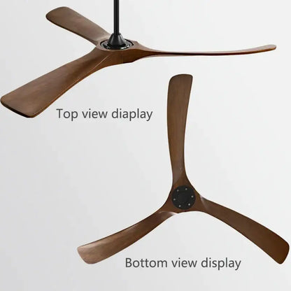 Modern ceiling fan with three dark brown american modern wooden blades and a black hub for indoor restaurant use