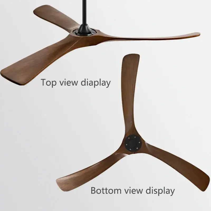 Modern ceiling fan with three dark brown american modern wooden blades and a black hub for indoor restaurant use
