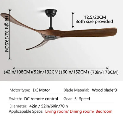 Modern ceiling fan with three dark wood blades and black american modern wooden motor housing for indoor use