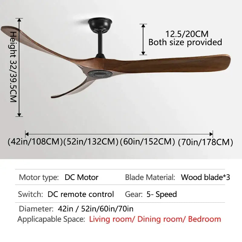 Modern ceiling fan with three dark wood blades and black american modern wooden motor housing for indoor use