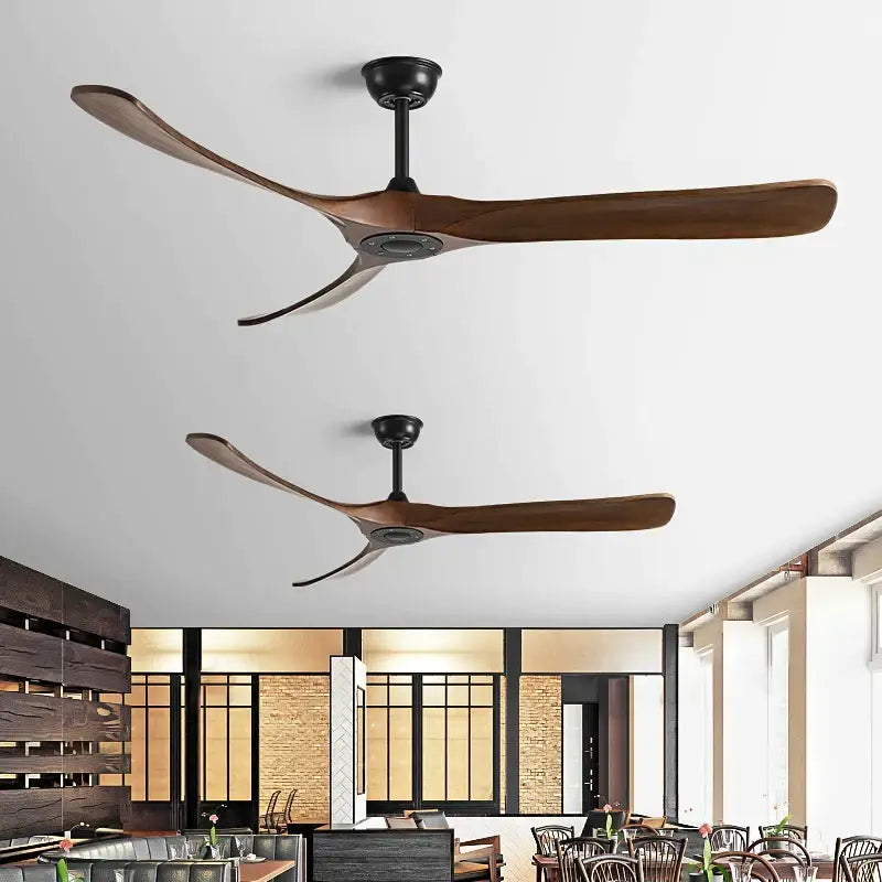 Modern ceiling fan with three dark brown american modern wooden blades and a matte black hub for indoor use