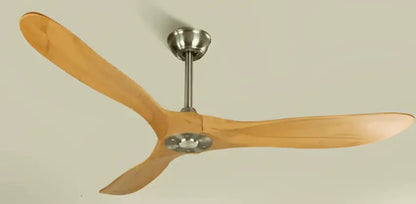 DecorBites 70 ceiling fan with remote control features three light brown wooden blades and a brushed stainless steel hub