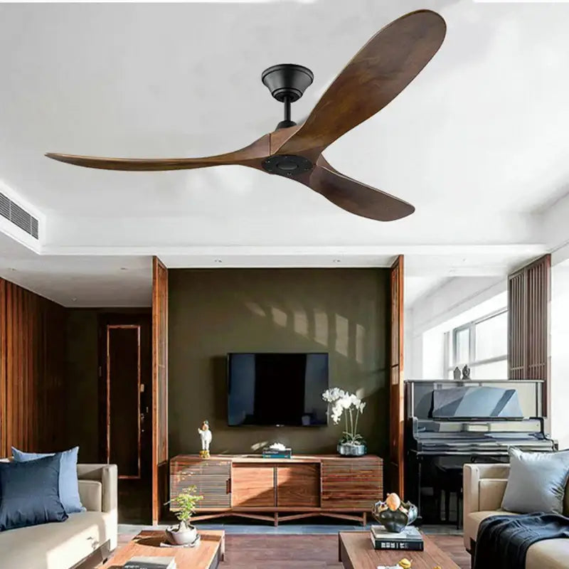 Decorbites 70 ceiling fan with remote control dark wood blades and a black central hub featuring a dc motor design
