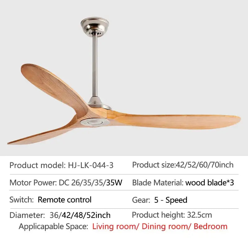 A sleek DecorBites 70 inch wood dc ceiling fan with remote control featuring light brown wooden blades and brushed metallic finish