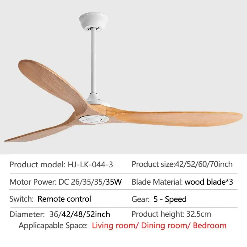 Decorbites 70 inch wood dc ceiling fan with remote control featuring three light brown wooden blades and white motor housing