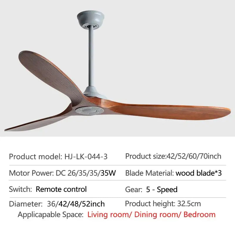 Modern decorbites™ 70 inch wood dc ceiling fan with remote control featuring three dark brown wooden blades and matte gray motor housing