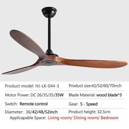 Modern decorbites 70 inch wood dc ceiling fan with three dark brown wooden blades and black motor housing with remote control