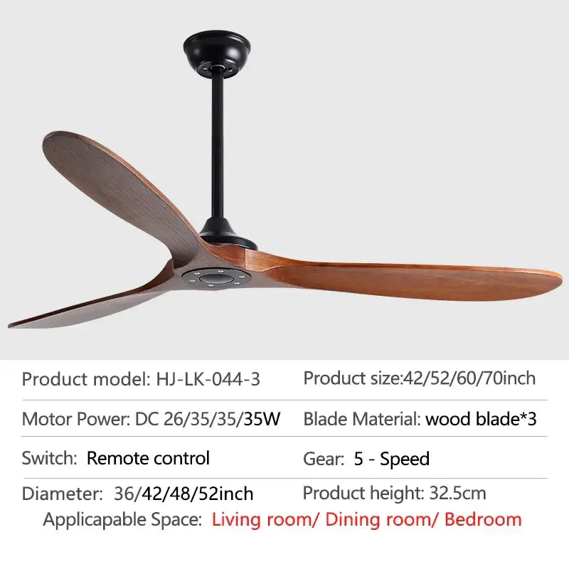 Modern decorbites 70 inch wood dc ceiling fan with three dark brown wooden blades and black motor housing with remote control