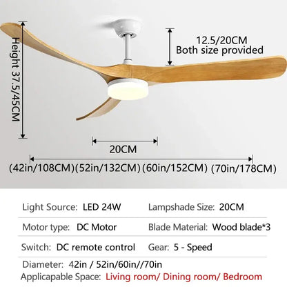 Decorbites 70 wooden ceiling fan with reversible motor features three light-colored wooden blades and white housing