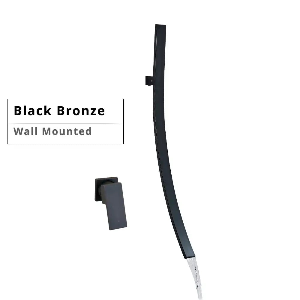 DecorBites™ 70cm wall mounted black bronze basin mixer tap with sleek curved spout and minimalist waterfall design