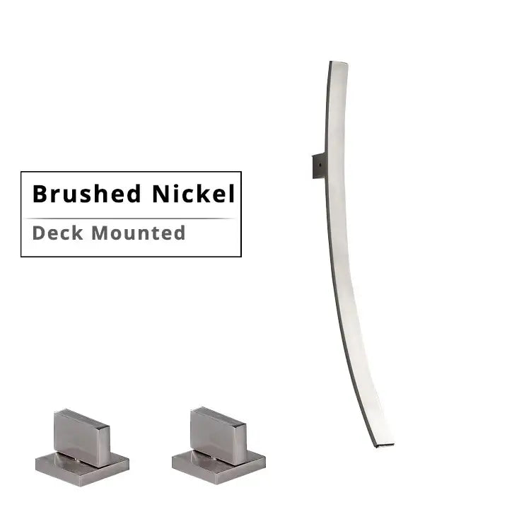 Brushed nickel curved deck-mounted door handle with matching square base plates for wall mounted basin mixer tap