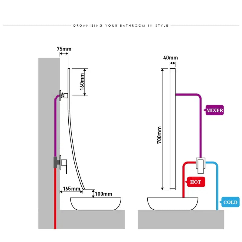 The diagram shows two wall mounted black bronze basin mixer tap shower setups with dimensions and pipe configurations