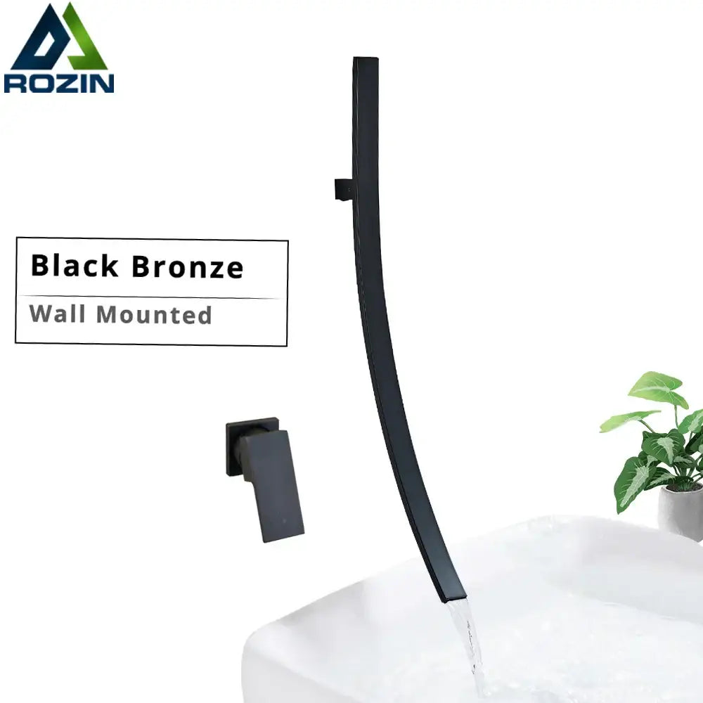 DecorBites 70cm wall mounted black bronze basin mixer tap with sleek curved spout and minimalist waterfall design