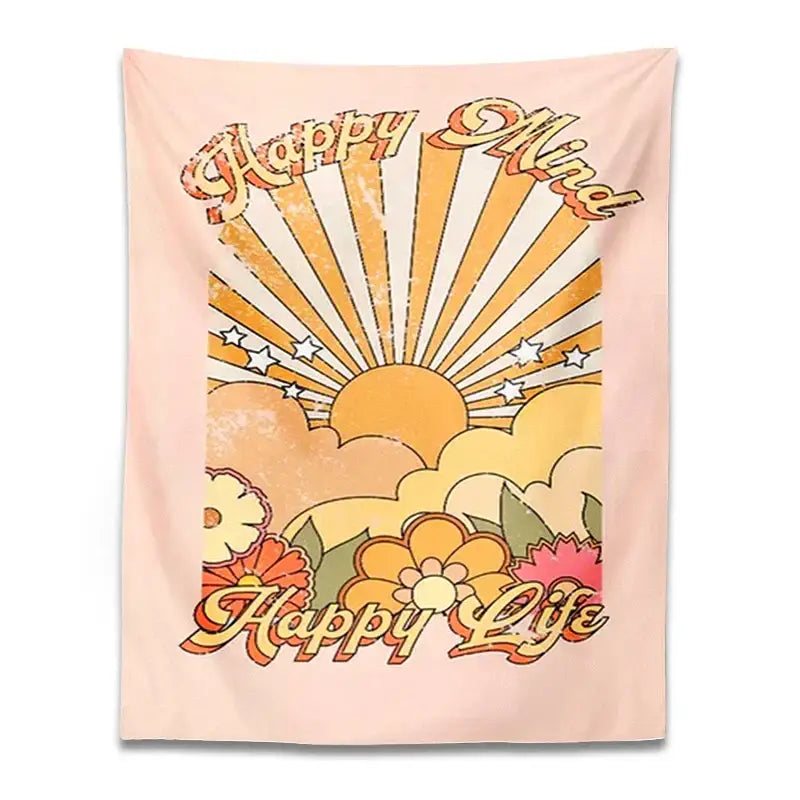Pastel pink wall hanging decorbites 70s girl sunset tapestry with retro sunburst and happy mind happy life text for boho decor